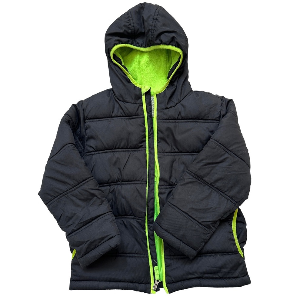 Faded Glory Kids Puffer Jacket Black Neon Green Sherpa Lined Hooded Size S 6/7